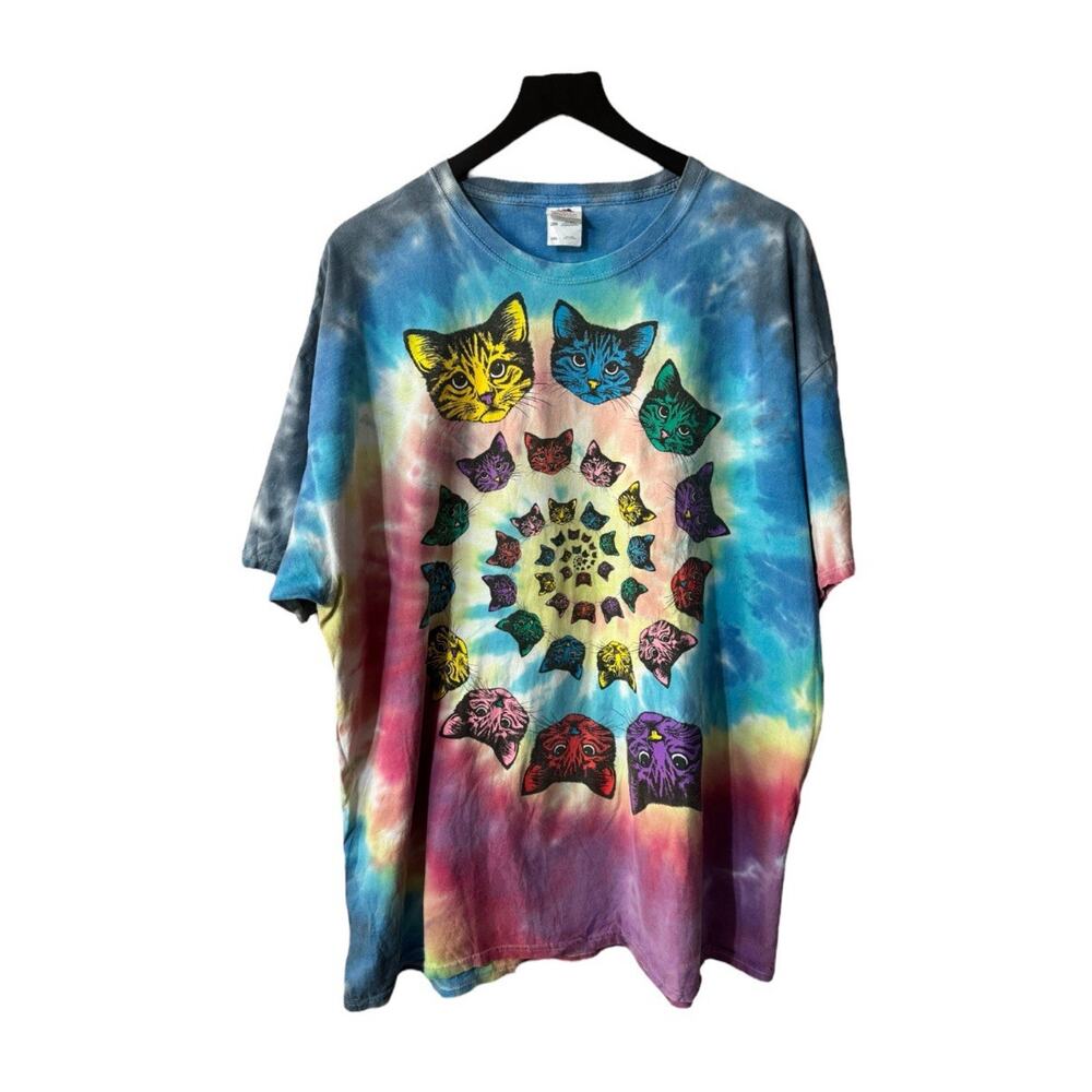 VTG Psychedelic Rainbow Cat Head Kitten Face Tie Dye Spiral Tee T Shirt Top XL